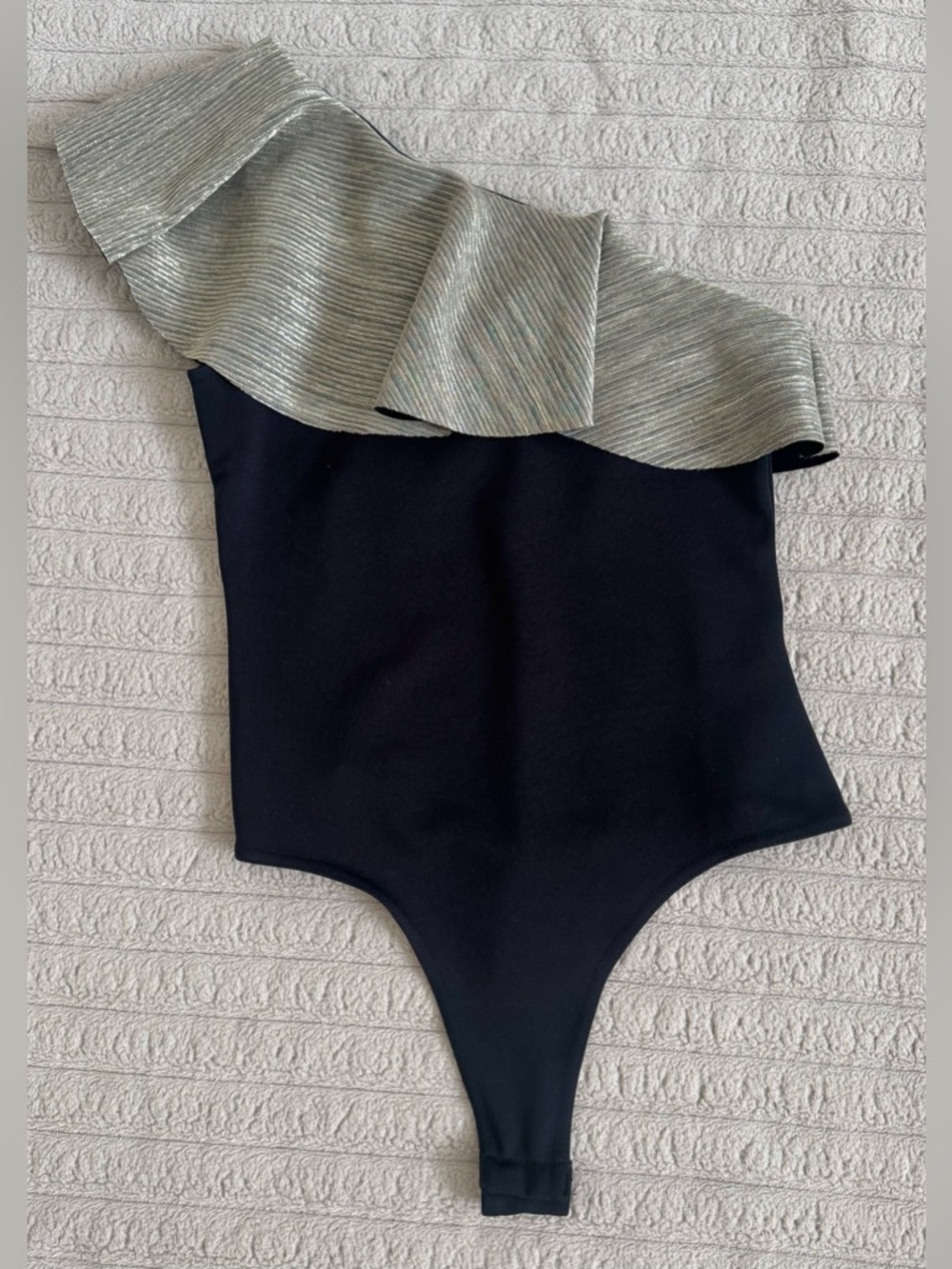 One Shoulder Black Bodysuit with metallic ruffle